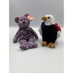 TY Beanie Baby LOT 2 Bear USA Millennium Edition 2000 And FREE Bald‎ Eagle 2004